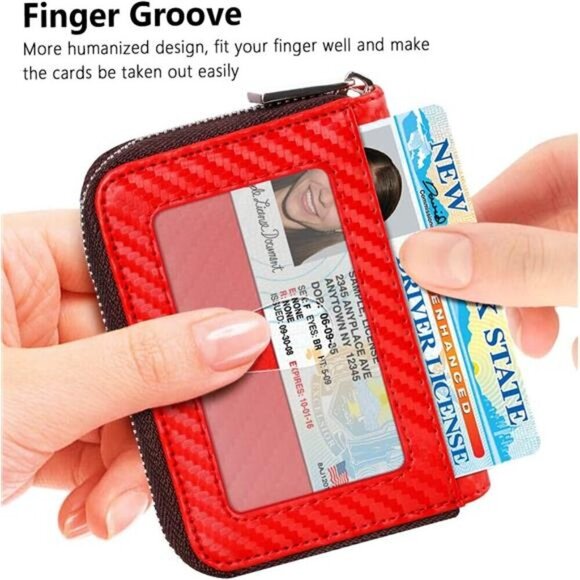 Zipper Card Cases Holder for Women, Carbon Fiber Red - Picture 2 of 7